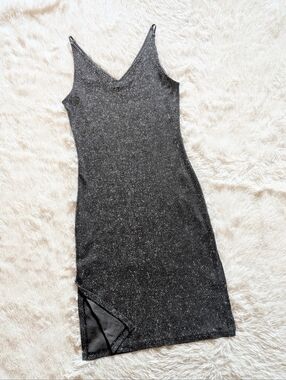 90s Vintage Alyn Paige Silver Sparkly Side Slit Midi Cocktail Dress Size 13/14